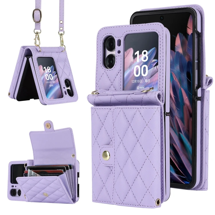 

For OPPO Find N2 Flip Case Rhombic Texture Card Bag PU Shockproof Protective Case Mobile Phone Case with Long Lanyard
