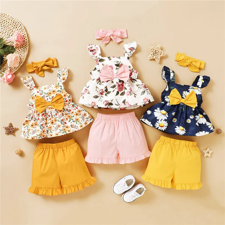 

Girls Summer Clothing Floral Sling Top with Bows+Lace Shorts+Waistband 3Pcs Wholesale Kids Clothes Little Girl Clothes Boutique, Yellow/dark blue/pink