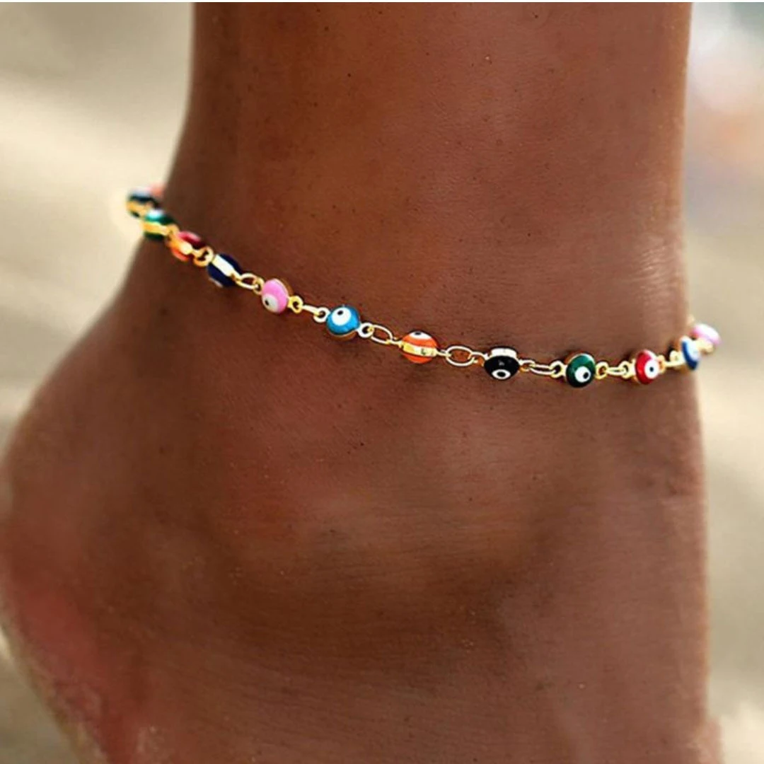 

Wholesale Gold Plated Alloy Beads Foot Chain Jewelry Multicolor Adjustable Seven-Color Demon Eye Anklet, Picture showed