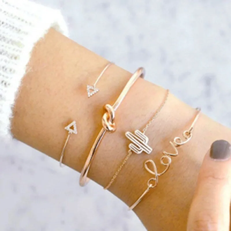 

Bangle Europe 4PCS/SET Adjustable Fashion Bangles Gold Color Cactus Letter Knot Bracelets For Women Bohemian Bijoux Jewelry