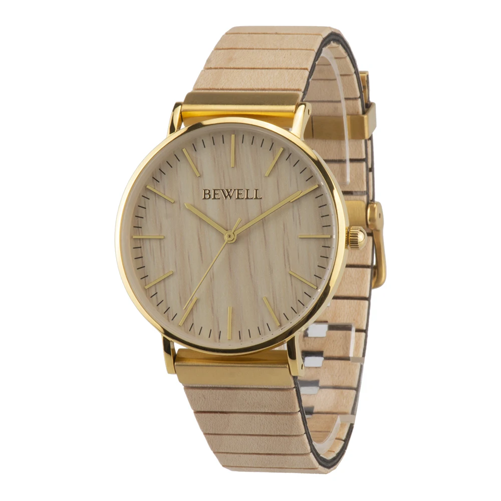 

New Trending Bewell Wrist Watches YG Case and Wooden Chip Wristband for Men and Women Miyota Movement Quartz Watch