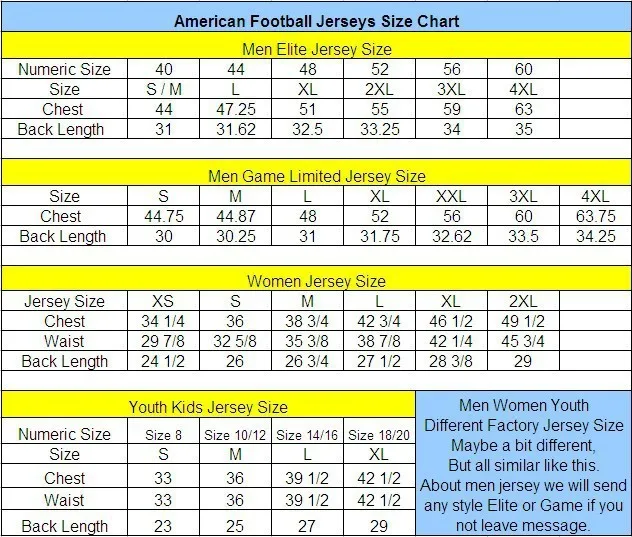 american jersey sizes