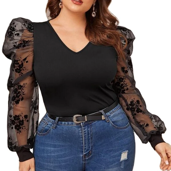 

Spot Factory Direct Sales Plus Size Women's New Slim Fit Mesh Puff Sleeve T-shirt