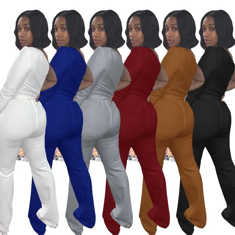 

YD - 6032 factory wholesale white two piece pants set solid color sexy one sleeve two piece set