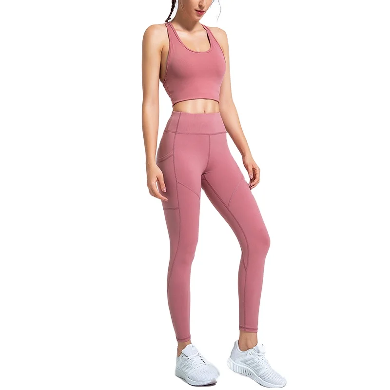 

New women's monochrome beauty back sling stitching dungarees fitness two-piece set Sports slim-fitting hip-showing yoga suit