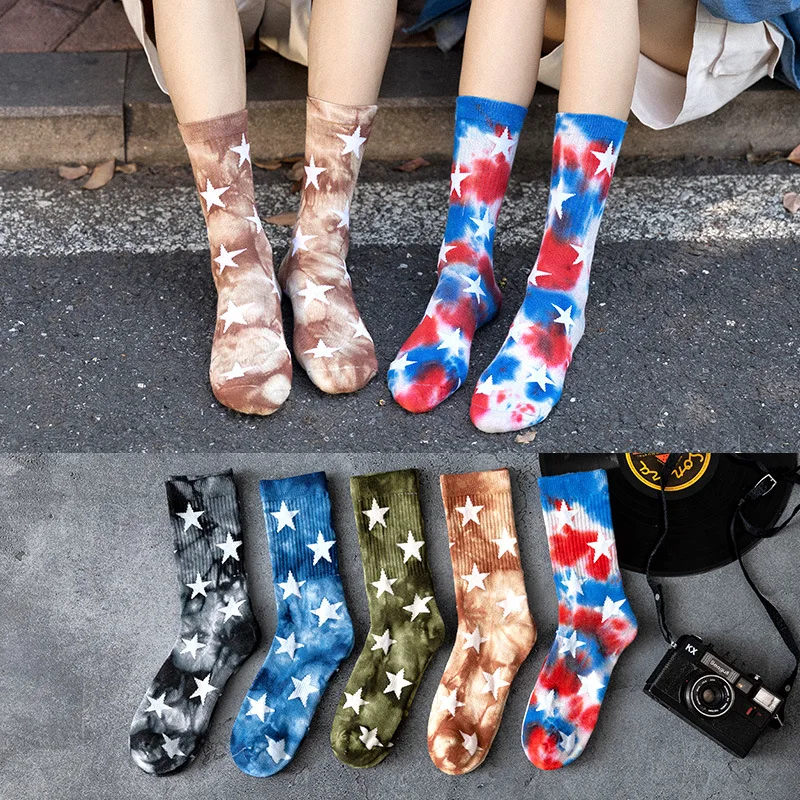 

2021 autumn/winter new hot selling cotton high top men's socks tie-dye series personality art street style tube socks for women