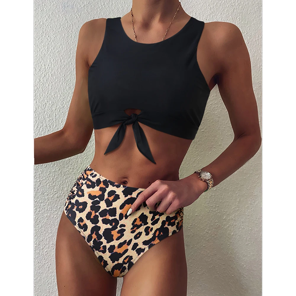 

Waist Leopard Women 2021 Floral Swimsuit Print High Neck Bikini Push Up Swimwear Snake Bathing Suit, Leopard, black, blue, pink, floral, snake printed, yellow