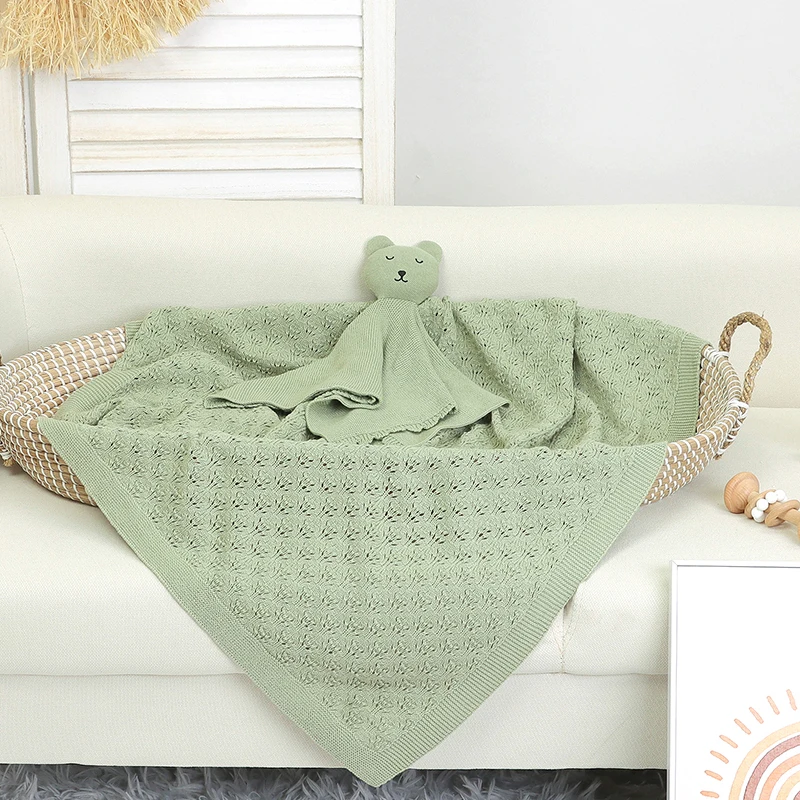 

Wholesale Plain Hollow Out Crochet Blanket And Bear Comforter Toy Set For Baby Gift Set