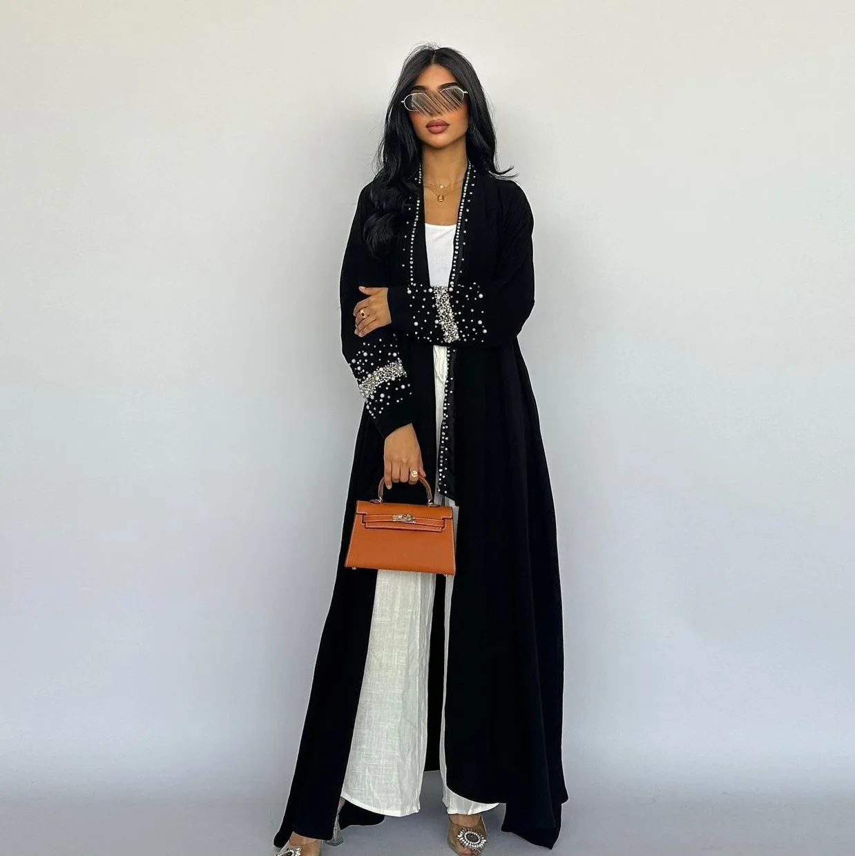 MQ128 Middle East Turkey Marocan Kaftan Dubai Rhinestone Beaded Cardigan Robe Long Abaya Women Muslim Dresses With Headscarf