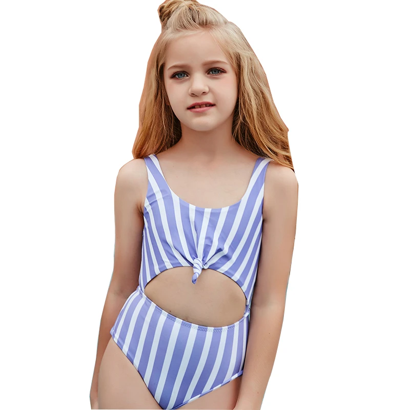 

Sweet Girls One Piece Swimsuit Kids Cute Tie Knot Strap Swimwear 2021 Children Summer Beach Playing Outfit Backless Bathing Suit
