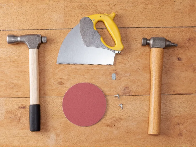 Beginner woodworking toolkit with saw hammer and sandpaper