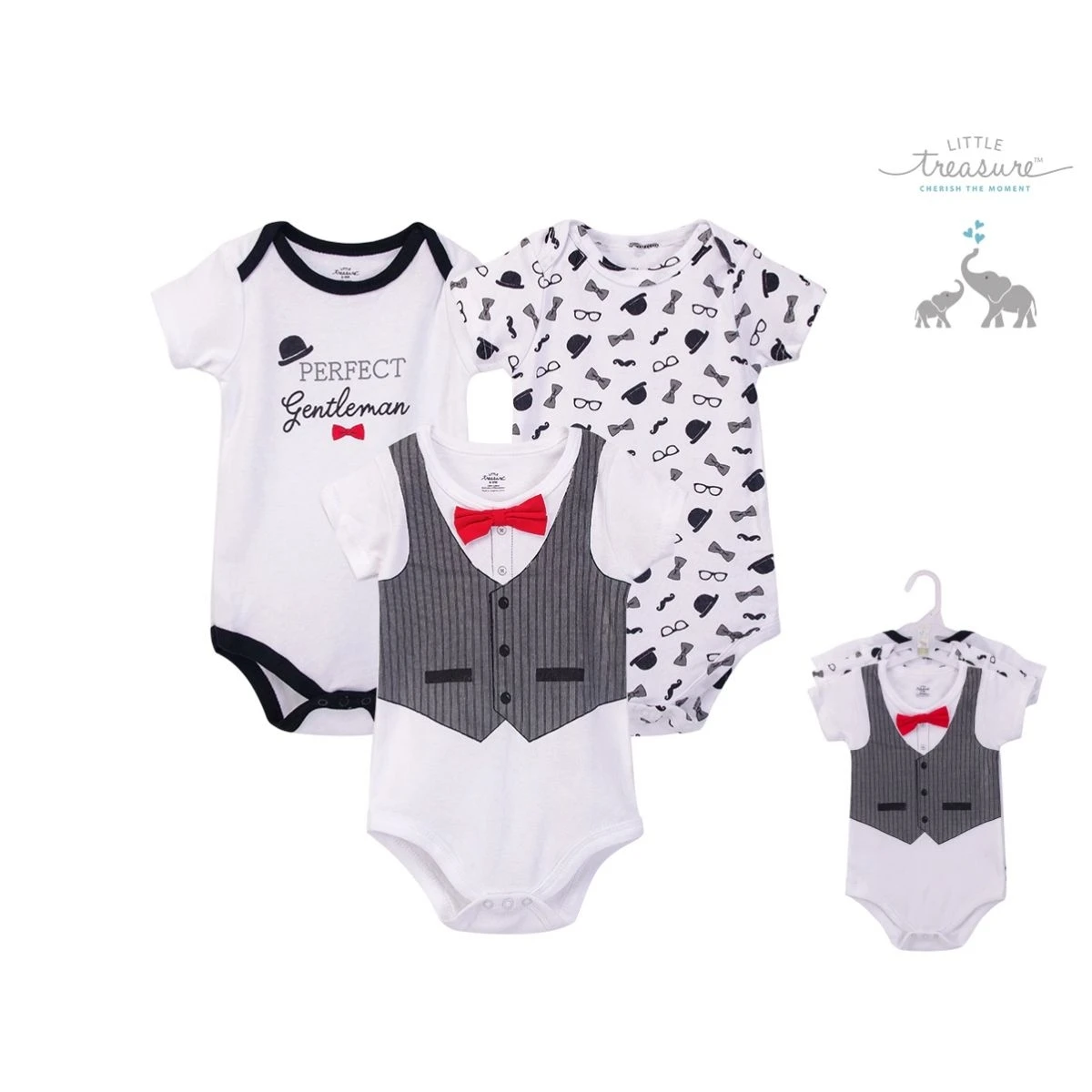 

Little Treasure Wholesale Newborn Baby Clothes Short Sleeves Baby Cotton Romper Set with Tie, Picture shown