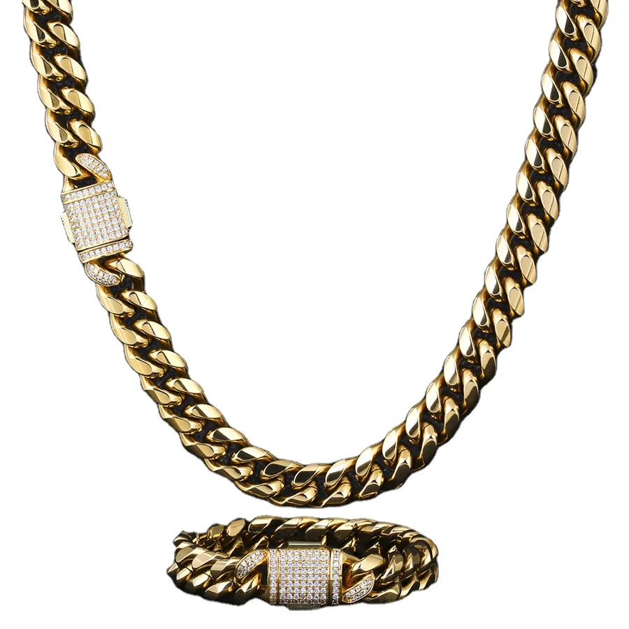 

18k Gold Plated CZ Diamond Buckle Cuban Link Chain Stainless Steel Men 12mm 24 Inch Charm Necklaces Hip Hop Jewelry,hiphop