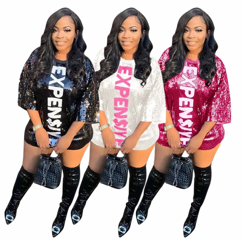 

Stylish Letter Printed Casual Sequin T -Shirt Women Short Dress, Black , white, pink