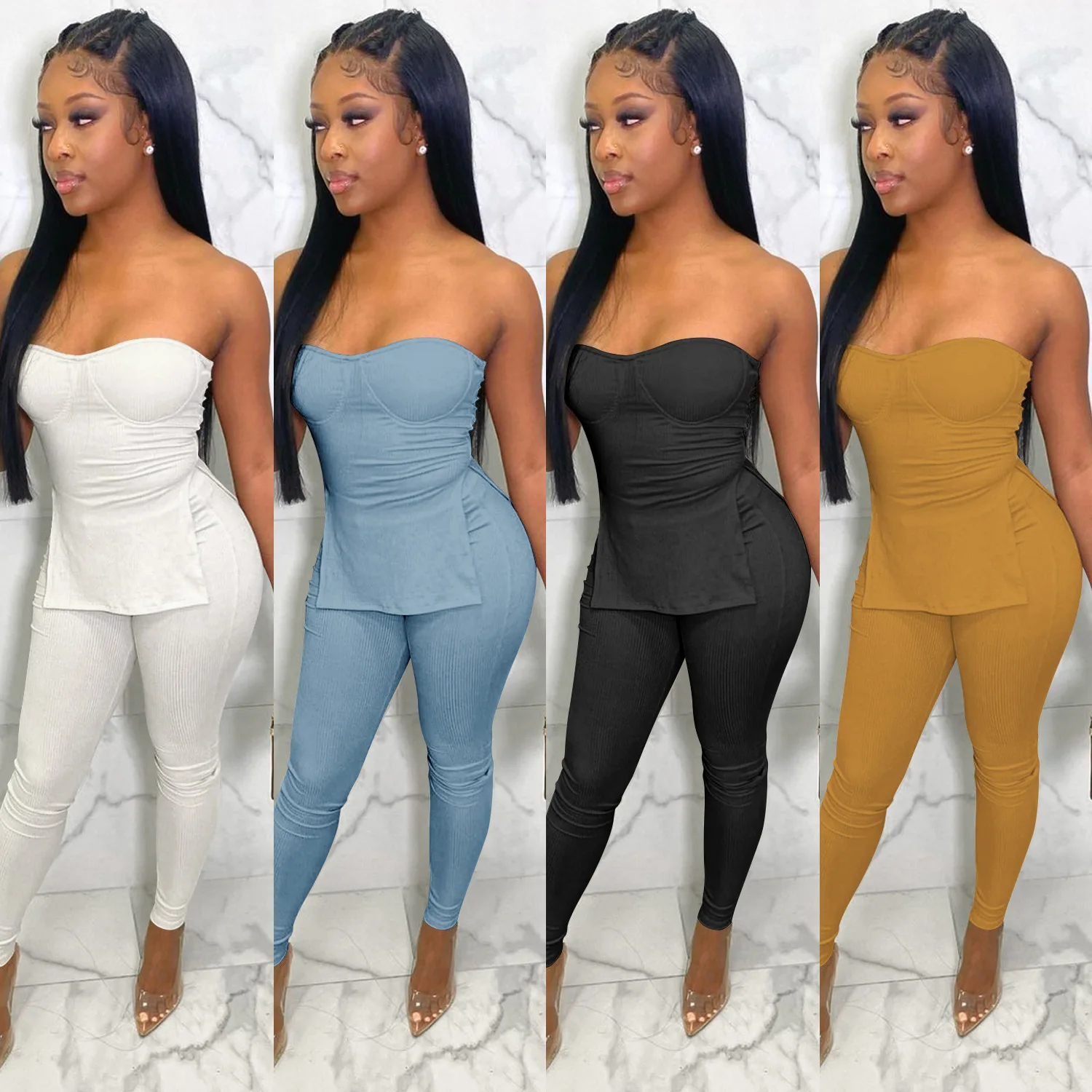 

2021 new trendy women solid color strapless tube top split corset and leggings two piece set women casual outfits lounge wear, As picture