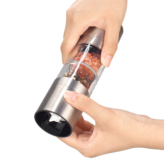 

Premium stainless steel 2 in 1 Adjustable spice Salt And Pepper Grinder set for home kitchen BBQ with plastic bottle, Silver