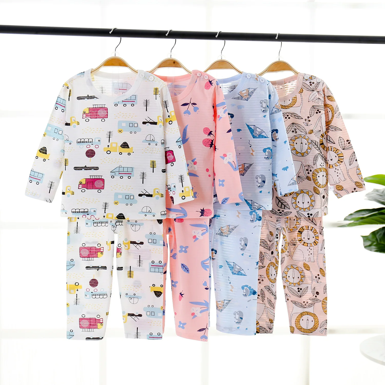 

2021 new children's summer suit breathable cotton long-sleeved thin two-piece suit