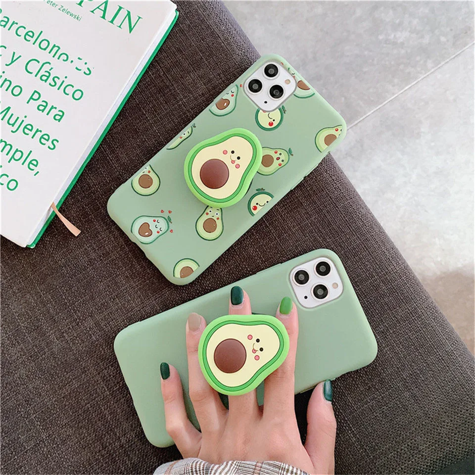 

3D print cartoon green fruit avocado with ring holder soft tpu phone case for iphone 11 Pro Max X XR XS 6S 7 8plus SE 2020 cover