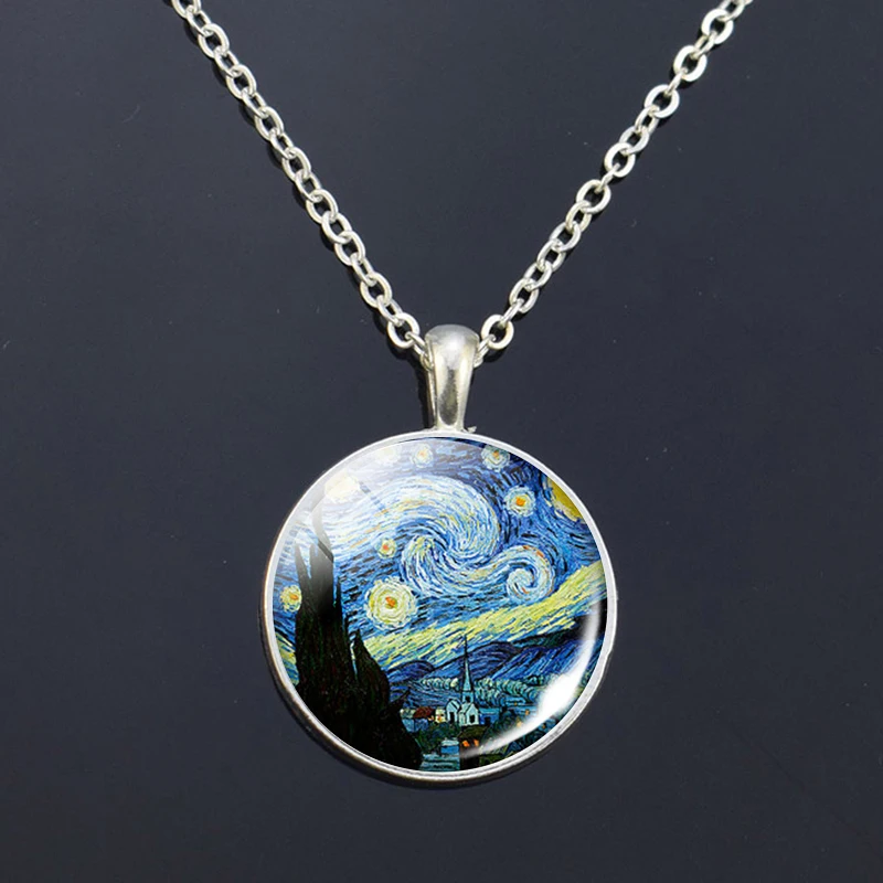 

Van Gogh Monet Klimt's Paintings Necklace Art Picture Print Glass Pendants Silver Color Chain Necklace Fashion Jewelry for Women