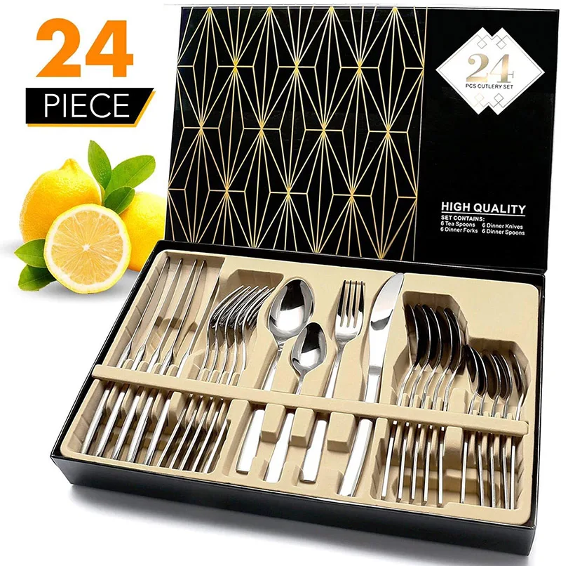 

spoon fork knife dinnerware silverware set stainless steel flatware sets 24pcs cutlery set, Colored