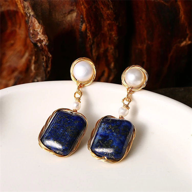 

Aimgal Retro natural lapis lazuli pearl earrings Original Design 14K gold fashion pearl earrings for women