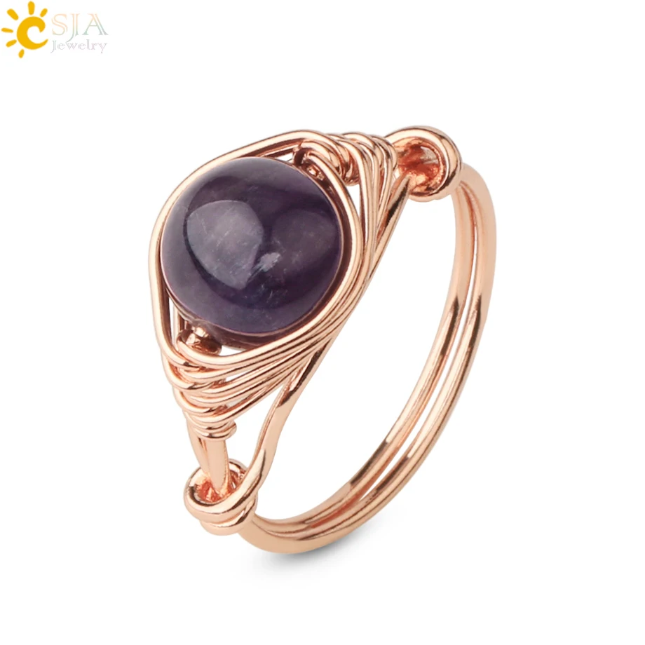 

CSJA hot selling rose gold color wire wrap purple round bead stone crystal ring for women 2020 fashion jewelry G345