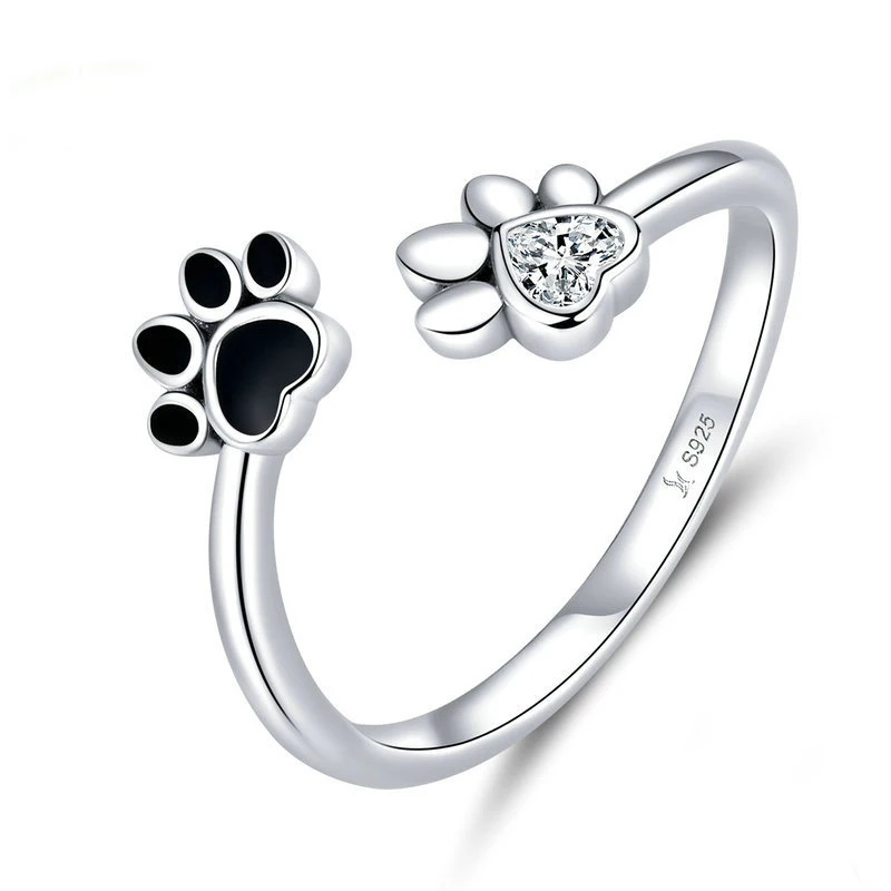 

Women Zircon Crystal Platinum Plated Cute Open 925 Sterling Silver Black Enamelled Pet Paw Print Finger Jewellery Ring Rings