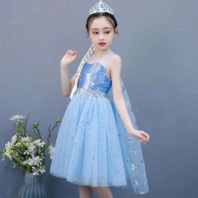 

MKMN Wholesale Girls' Clothing Sets Sequined Elsa Cosplay Party Dress Up Princess Costume Children Dresses With Cape, Blue