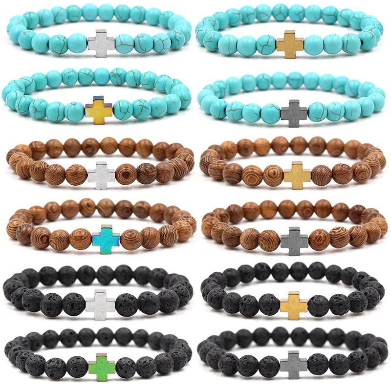 

Gemstone Bracelet 8mm Elastic Handmade Natural Wenge Lava Turquoise Stone Bead Cross Bracelet for Men Women