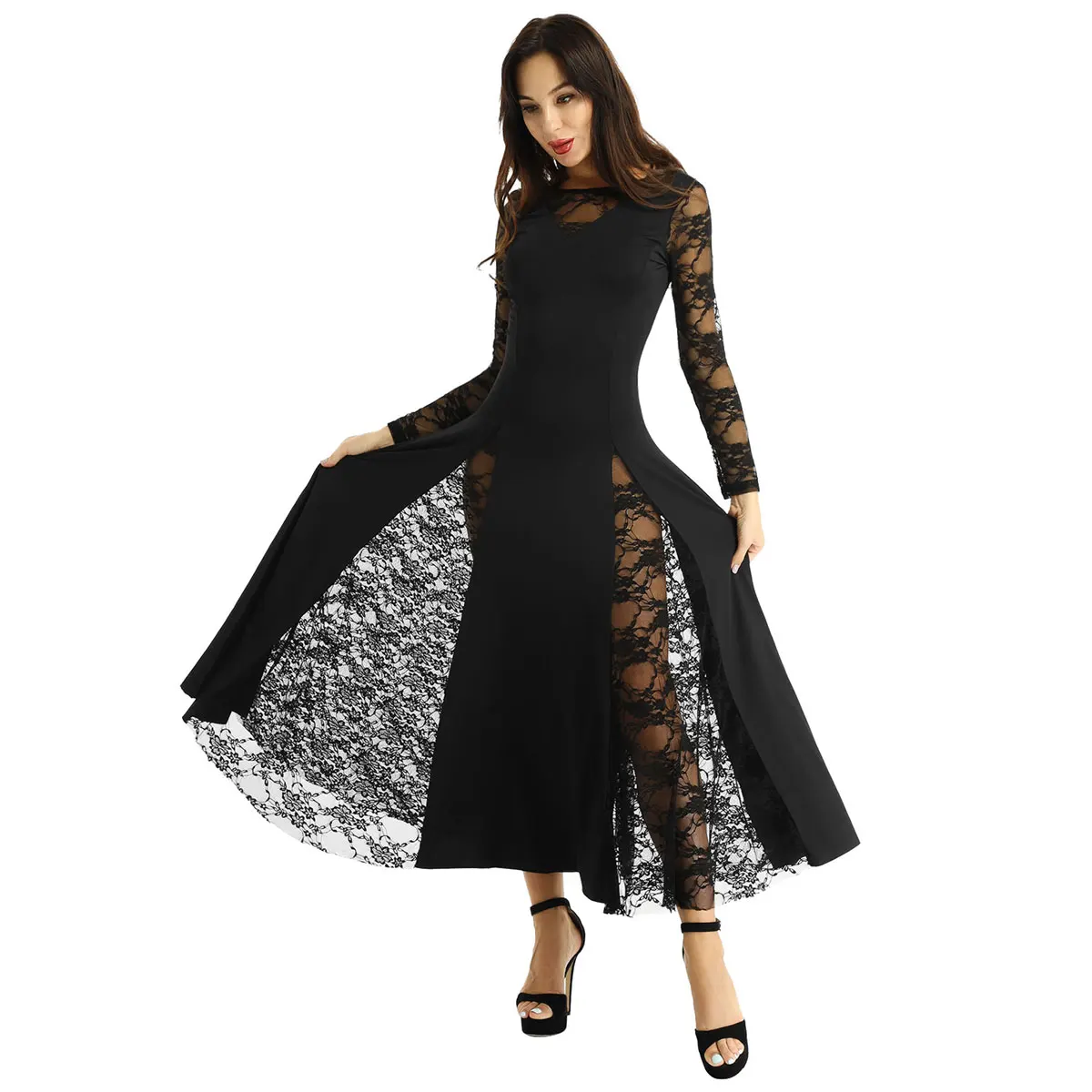 

iEFiEL Women Ladies Long Sleeve Lace Splice Latin Tango Dance Dress Ballroom Competition Dance Costumes