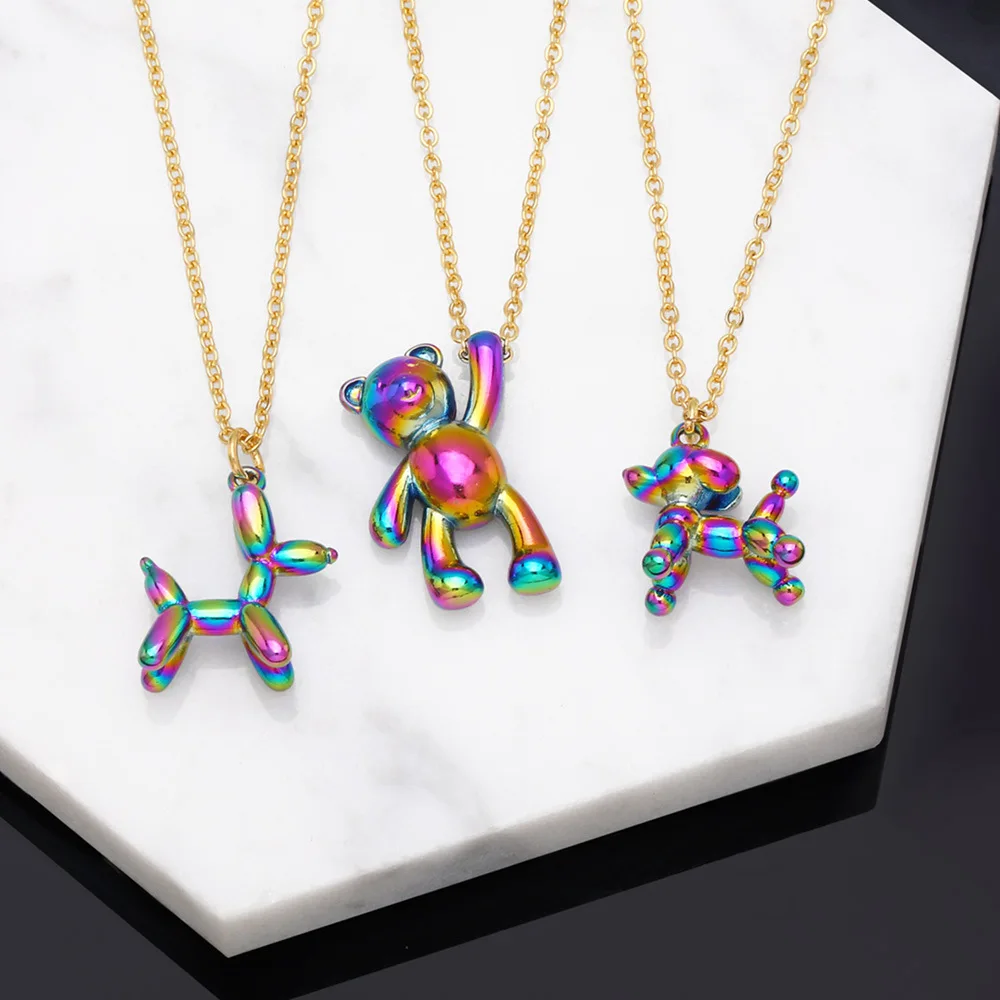 Laser Gradient Cartoon Bear Necklace Hip Hop Colorful Balloon Dog Bear Shape Pendant Necklace