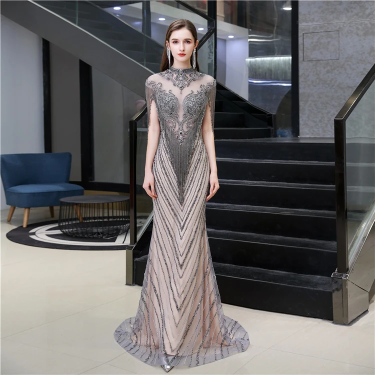 

NWE2003 Elegant Heavy Beaded Tassels Evening Party Dress