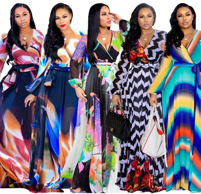 

Hot Selling Women Fashion Summer Plus Size Long Sleeve Digital Printing Of Chiffon Dresses And Long Clothing, As pictures