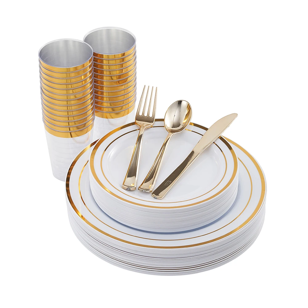 

Hot Selling Amazon 150PCS Gold Disposable Plastic Dinnerware Set For Weddings, Gold and rose gold