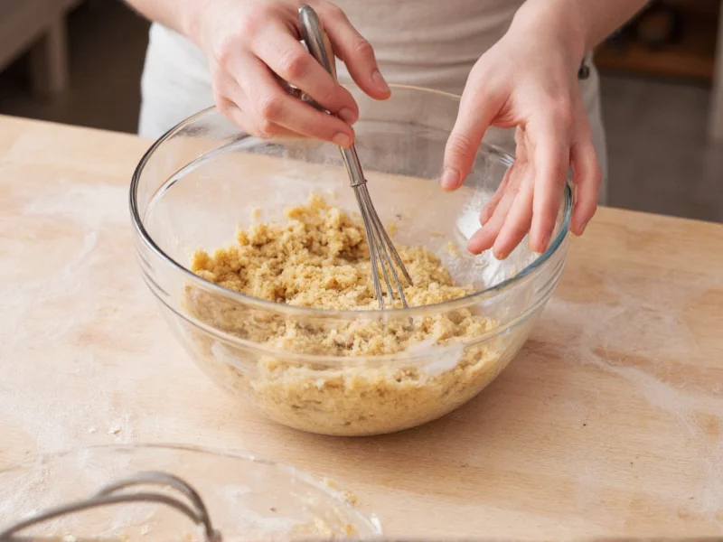 Hand mixing cookie dough in glass bowl