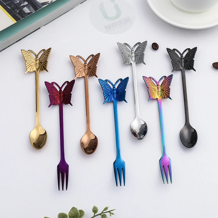 

High Quality Creative Cute Colourful Butterfly Shape Dessert Coffee Spoon Fruit Fork Cutlery Flatware, Silver/gold/rose gold/blue/purple