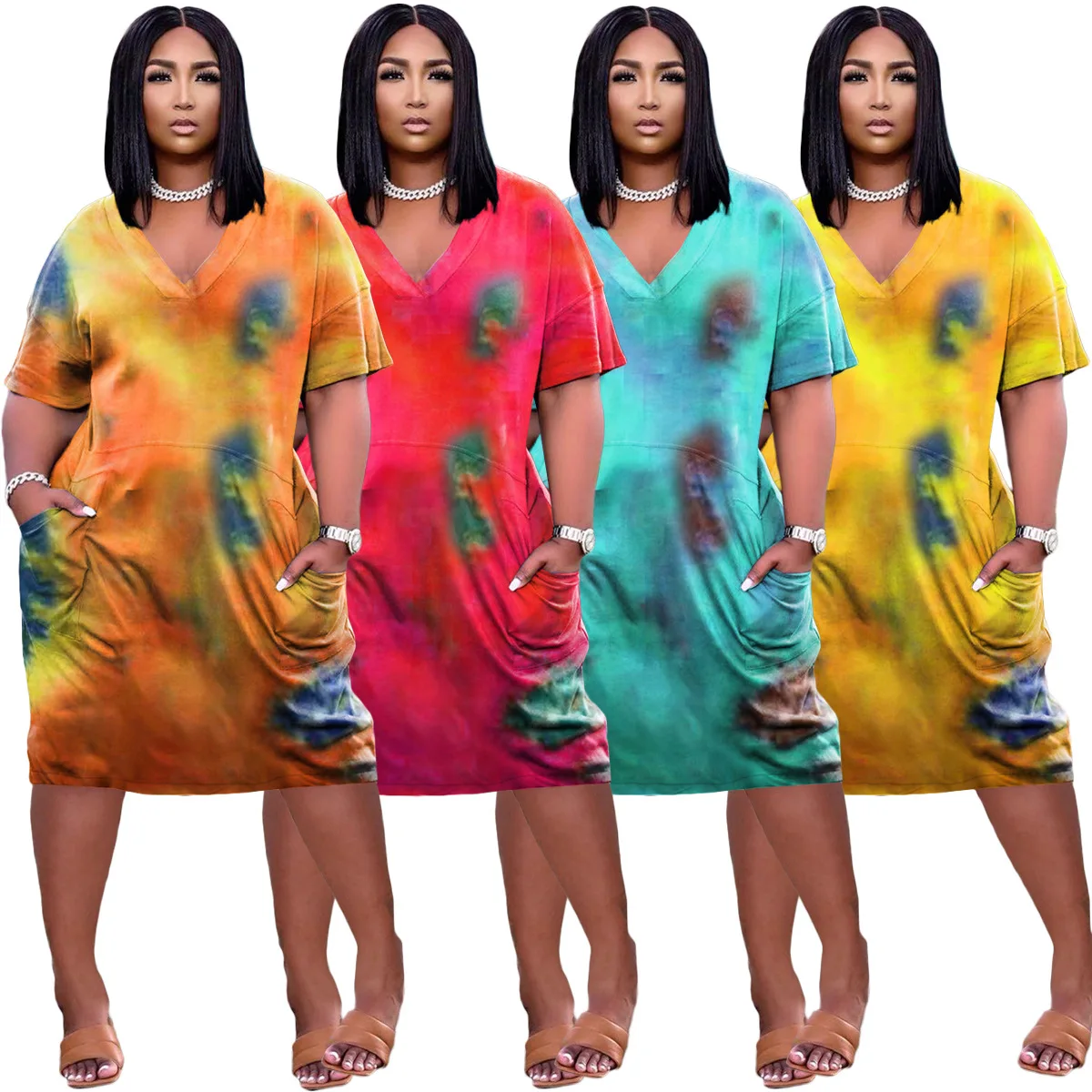 

2021 casual summer loose tie dye dress short sleeve women plus size 3XL tie dye printed v neck dress with pocket, Custom choose