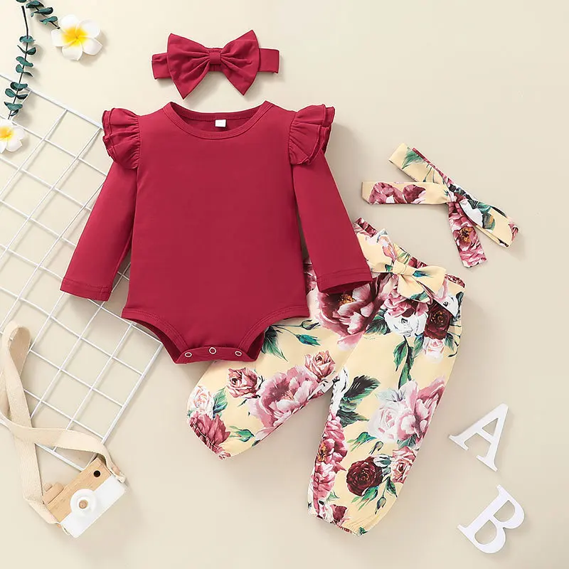 

5771 Spring Baby Girl Outfit Set Newborn Toddler Clothes Ruffle Flower Print Long Sleeve Romper Bodysuit +Pants+Headband 3Pcs