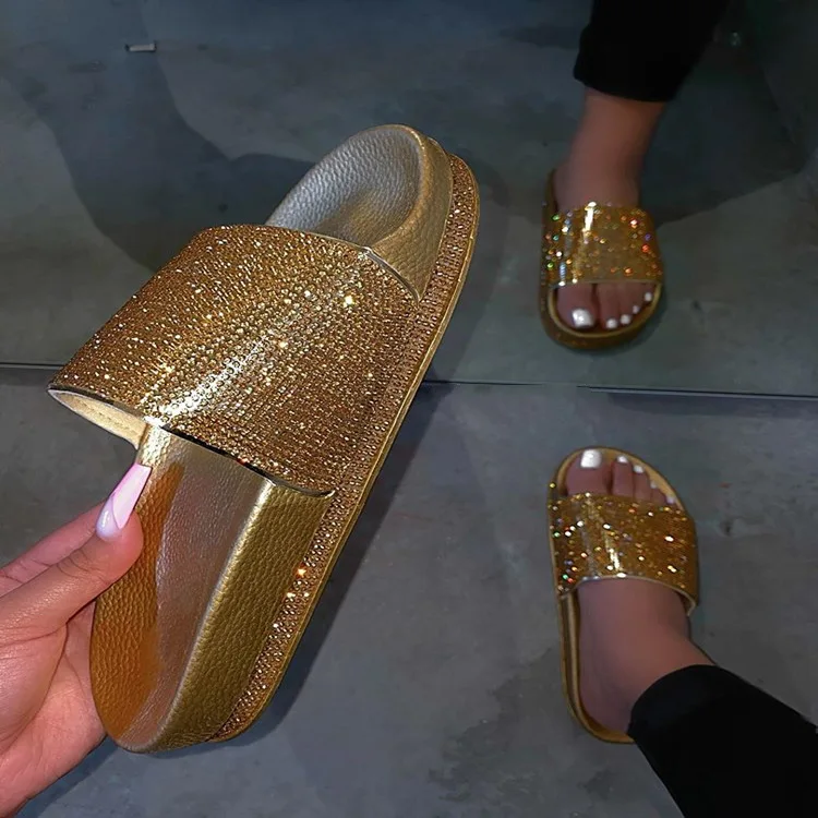 

Platform Rhinestone Women Sandals slippers for ladies Flat Beach Shoes, As picture