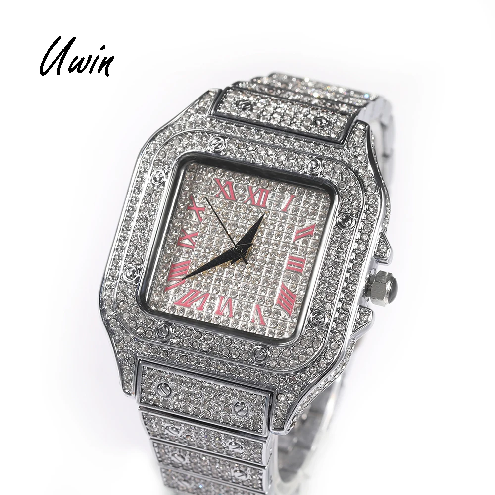 

UWIN Luxury Brand Full Iced Out Diamond Girls Watch Pink Digital Square Dial Pink Numbers Watches Hip Hop Rapper Jewelry, Gold, silver, rose gold, black