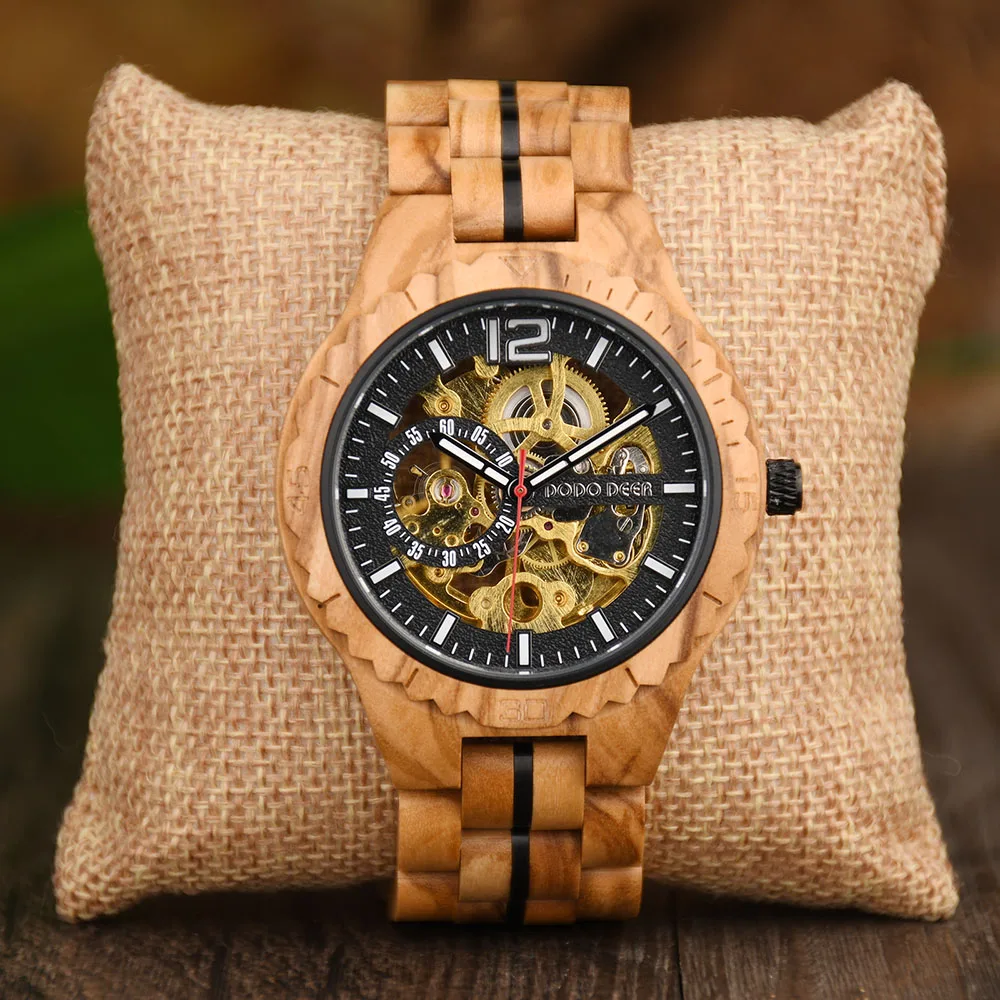 2026 Fashion DODO DEER Luxury Vintage Mechanical Skeleton Olive Wood Stainless Steel Water Resistant Pointer Automatic Watch for