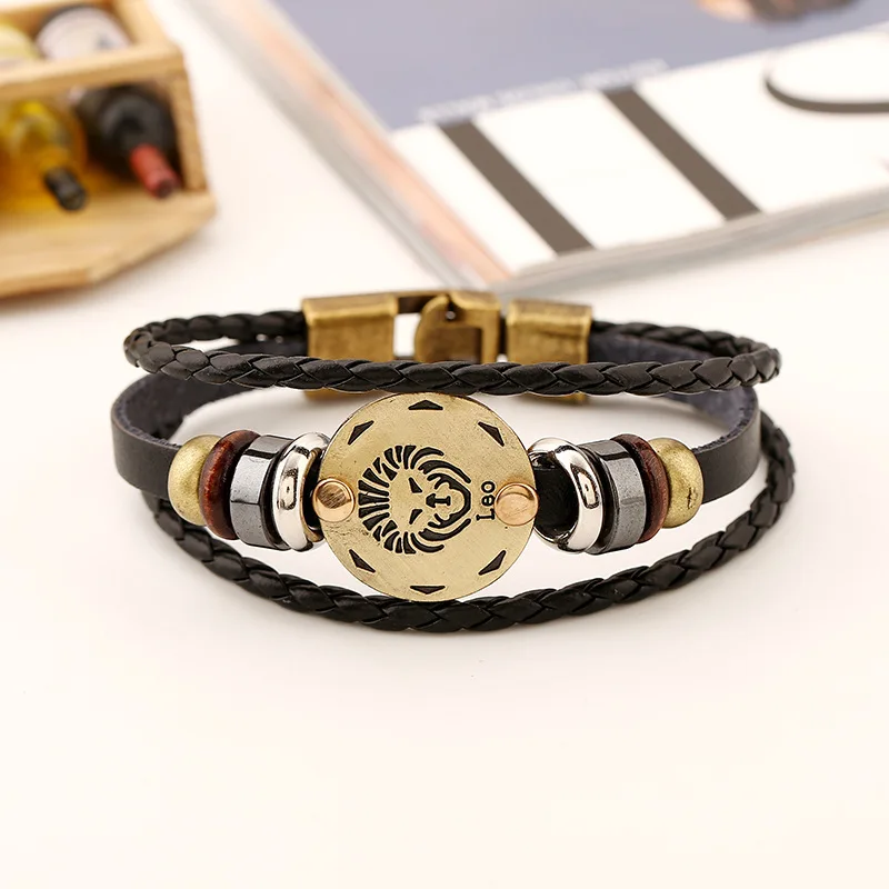 

Zodiac Sign Charm men pu design Bracelet Jewelry Adjustable Hand Bracelet Men