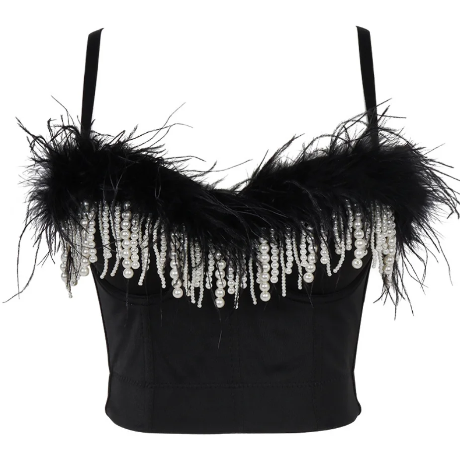 

Crop Tank Top Feather Pearl Tassel Nightclub Stage Sexy Crop Tops Women Camis Top Built In Bra Push Up Bralette Clothes 1811
