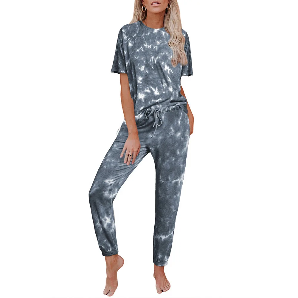 

Fashion Pajama Set Short Sleeve Tie Dye Lounge Wear Knit 2 Piece High Quality 2020 Home Wear