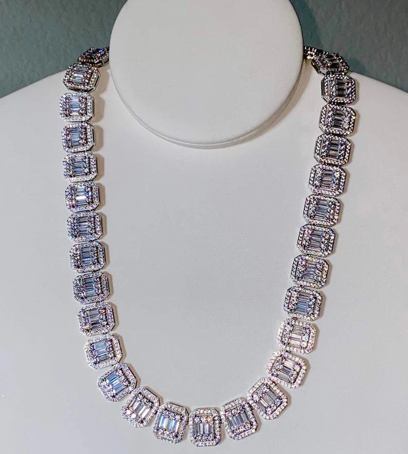 

Iced out bling women necklace sparking bling Rectangle cz cluster chain Ice tennis choker, Rose gold
