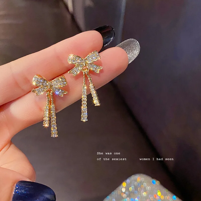 

JUHU Fashionable And Elegant Micro-inlaid Zircon Full Diamond Bow Earrings Female Korean Style Trendy Style All-match Earrings, Golden