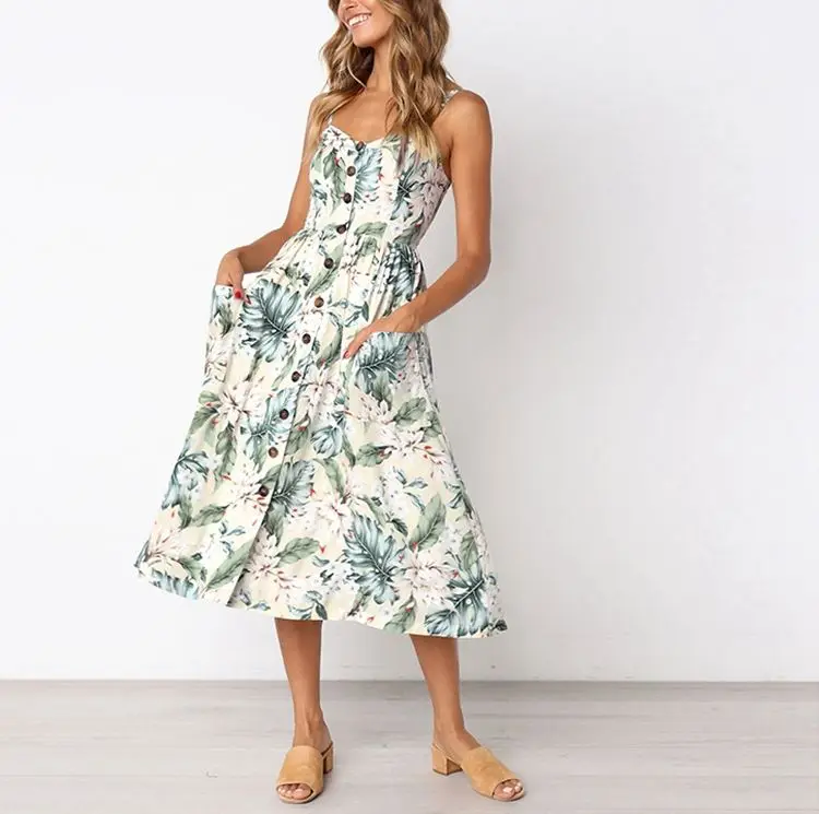 

Factory sale 2021 Women Summer Dress Sexy Floral Beach Dress Girls Fashion Pocket Holiday dress