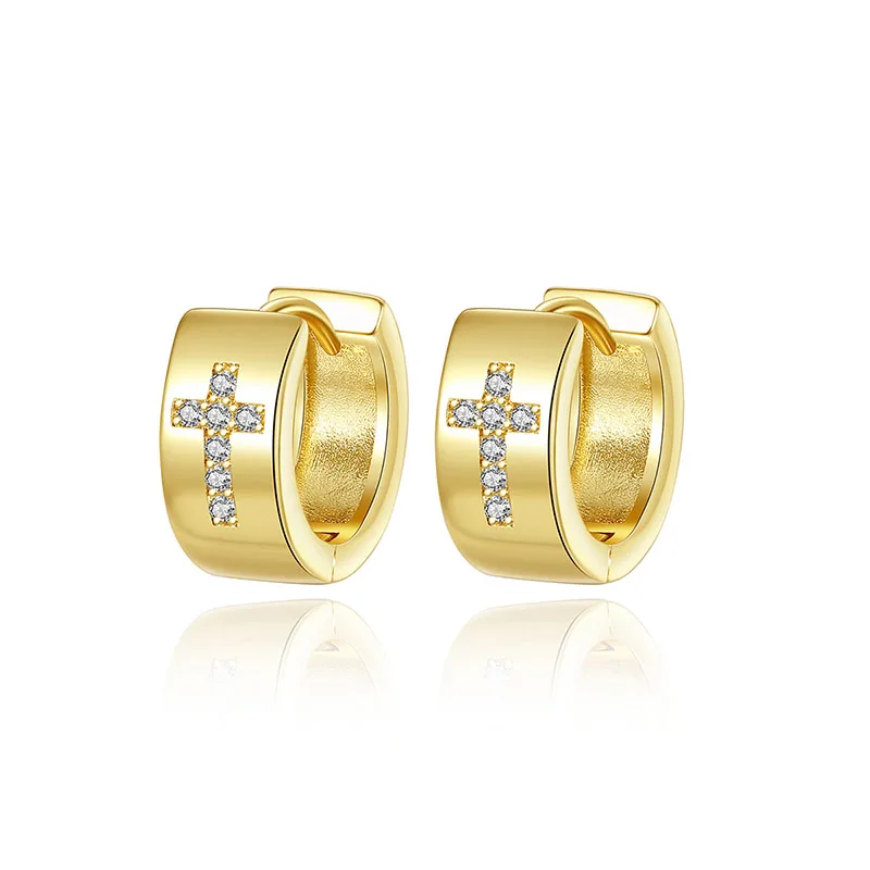 

LUOTEEMI 18K Gold Plated Clip on Huggie Men Hoop Earrings Jewelry with Cross Shape Design 3A Cubic Zirconia for Men