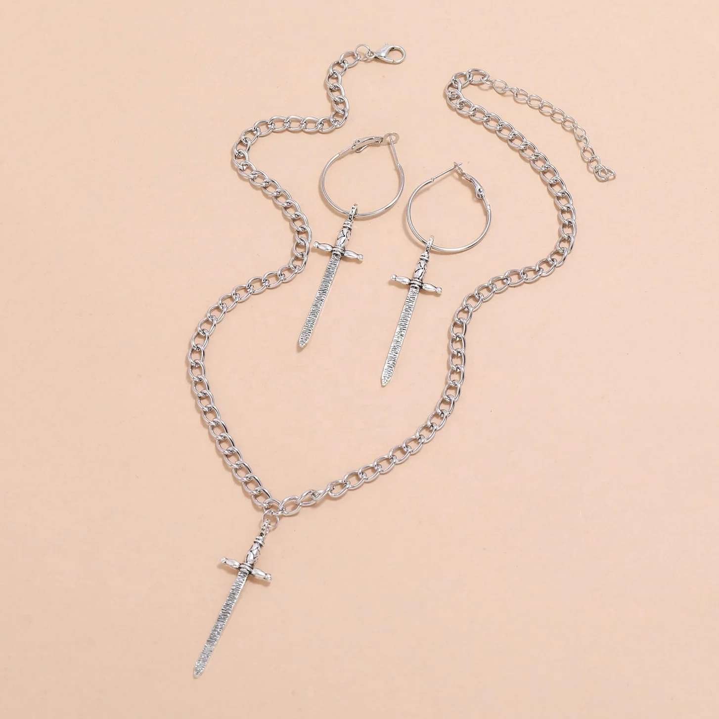 

2pcs Women's Personality exaggerated sword pendant necklace earrings set, Silver