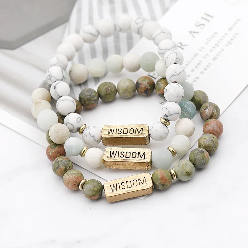 

Custom Handmade Nature Stone Bracelet Stretch Gemstone Beaded Jewelry Gold Wisdom Letter Bracelets For Women Men, Multi color